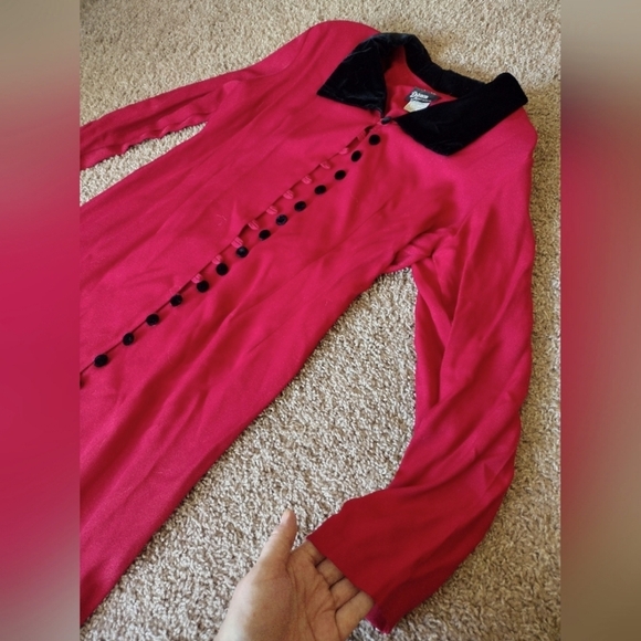 Dawn Joy Vintage Ruby Red Button Down Dress Velvet Accents - Picture 7 of 14